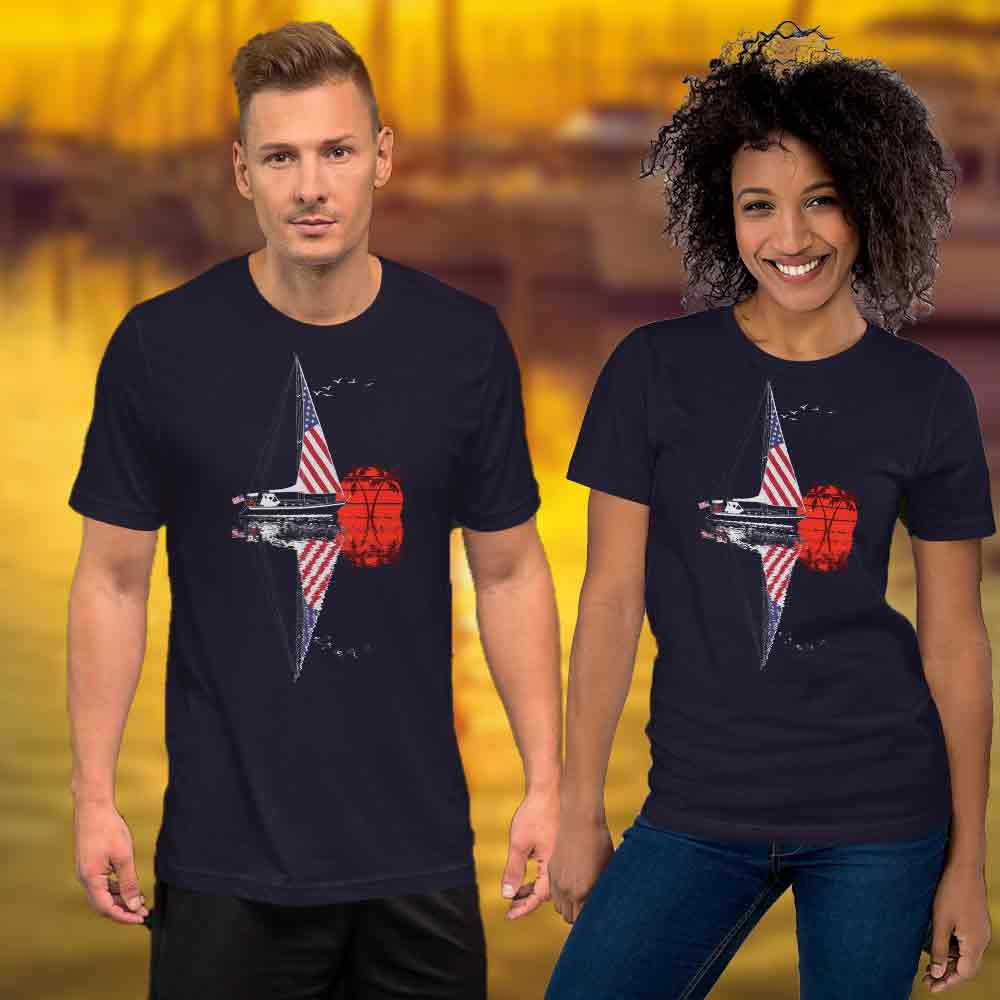 Navy Blue t shirt sailboat sunset unisex: YachtMerch.com