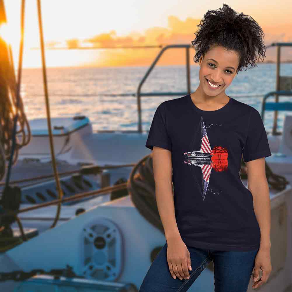 Navy Blue t shirt sailboat sunset unisex: YachtMerch.com