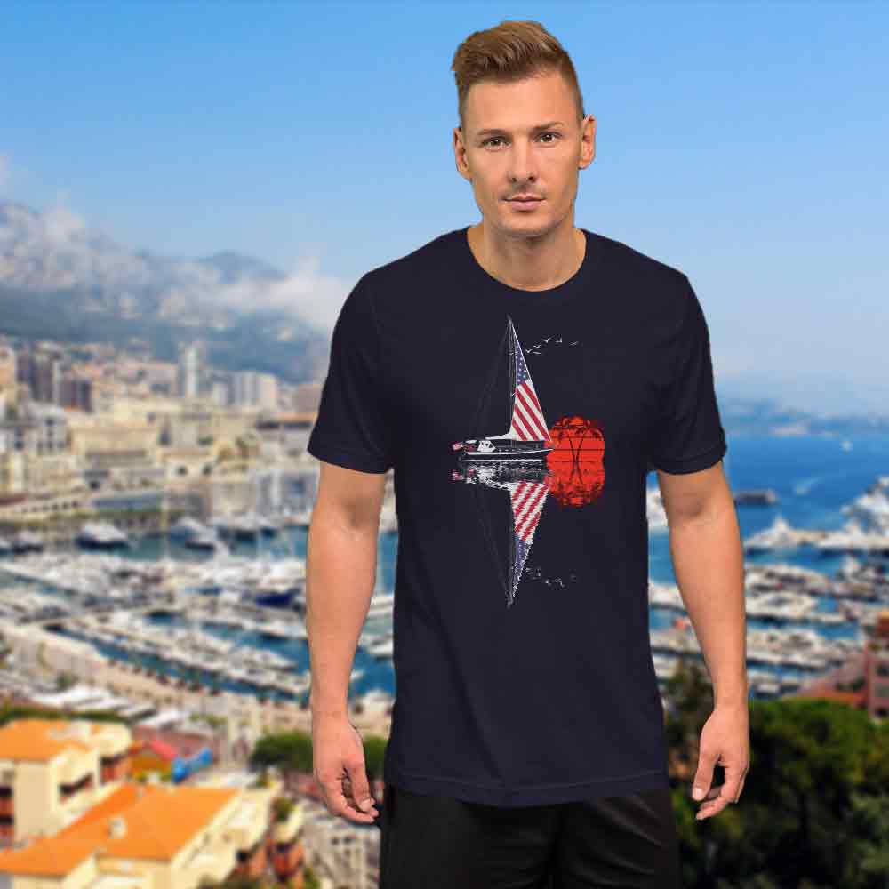 Navy Blue t shirt sailboat sunset unisex: YachtMerch.com